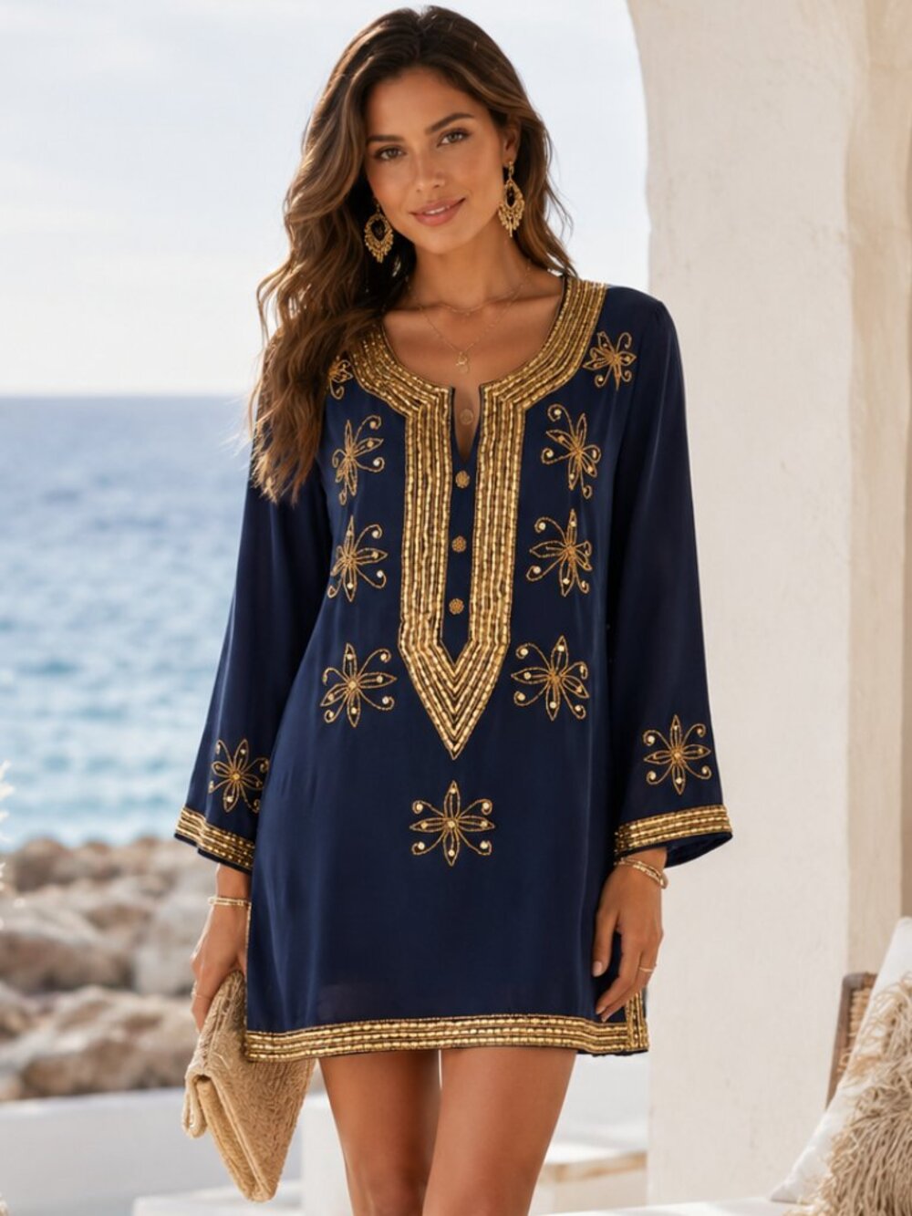 Novica Navy Beaded Embroidered Tunic Dress Small India Boho Resort Festival Chic